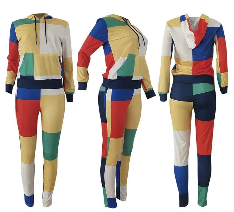 Digital Print Streetwear Women'S Two Piece Outfit Patchwork Long Sleeve Pullover Hoodie Jacket Long Pants Tracksuit Jogger Set