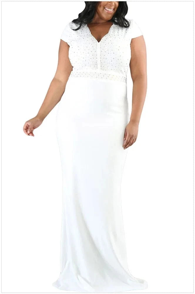 Dila Meng elegant large size sexy ladies sexy V-neck short sleeve fashion hot diamond Slim dress fat size women party dress