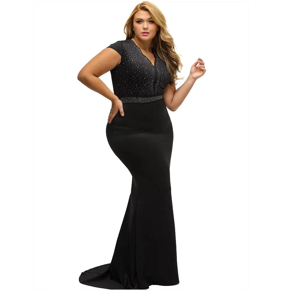 Dila Meng elegant large size sexy ladies sexy V-neck short sleeve fashion hot diamond Slim dress fat size women party dress