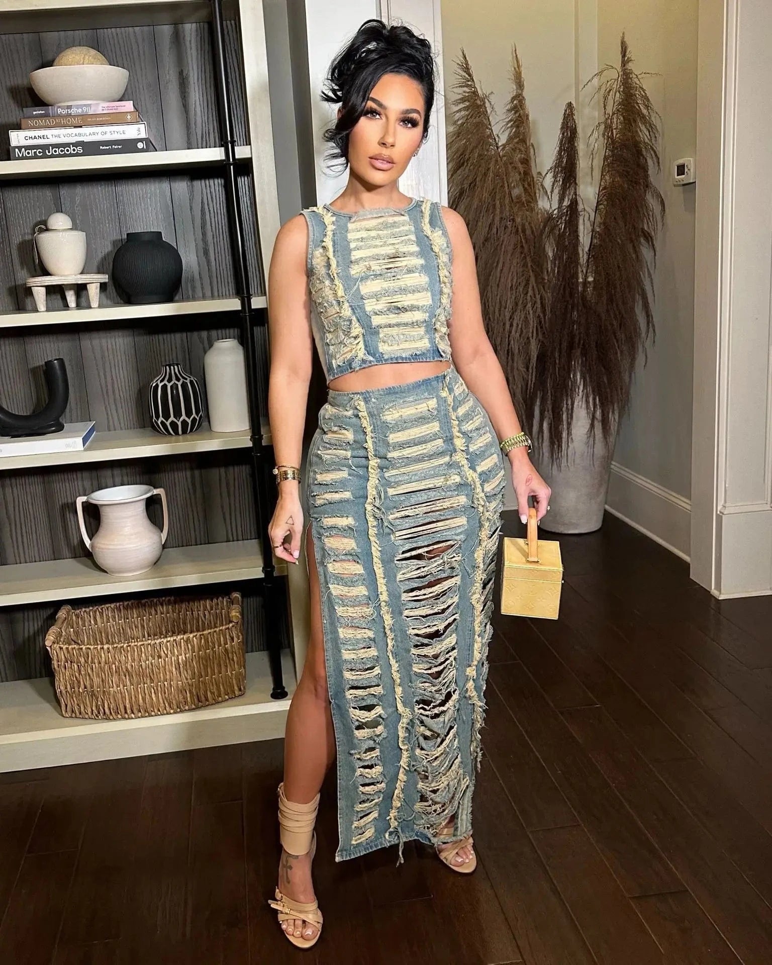 Distressed denim women two piece skirt set denim dresses women's summer clothing 2024