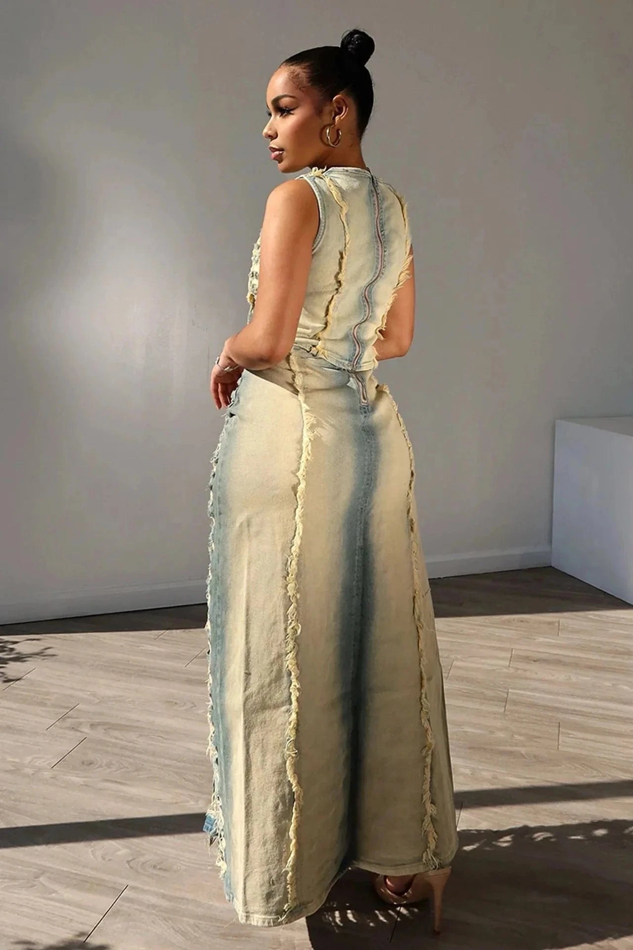 Distressed denim women two piece skirt set denim dresses women's summer clothing 2024