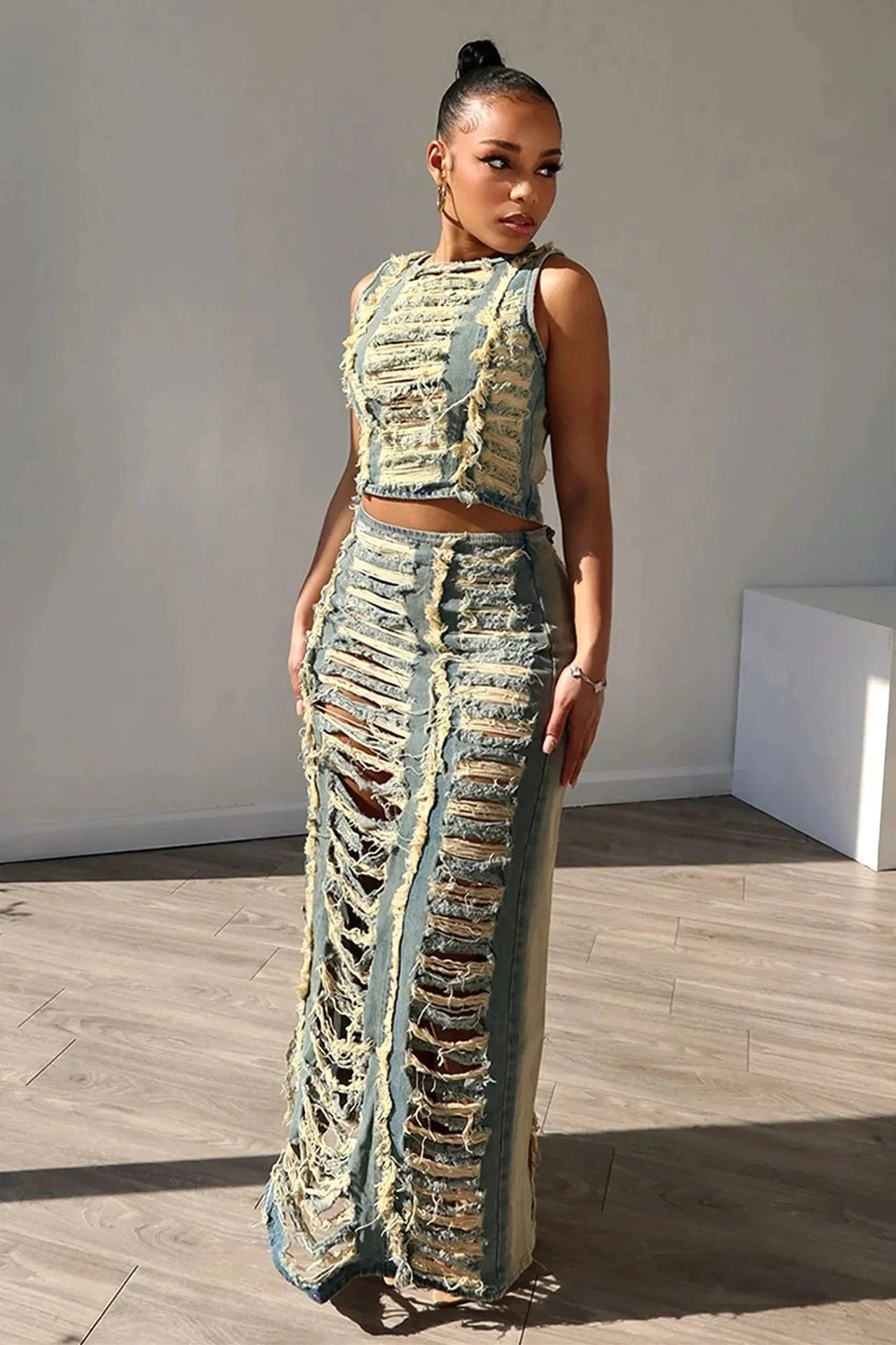 Distressed denim women two piece skirt set denim dresses women's summer clothing 2024