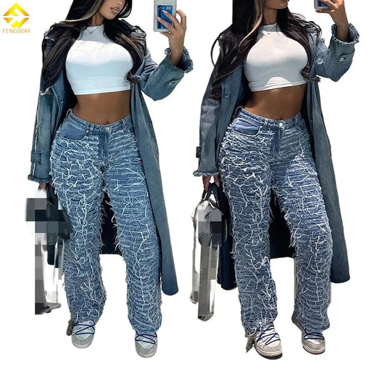 Distressed Ripped Tassel Baggy  Jeans
