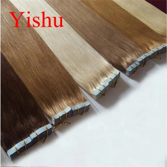 Double drawn Russian hair invisible seamless curly skin weft tape in hair extensions human hair