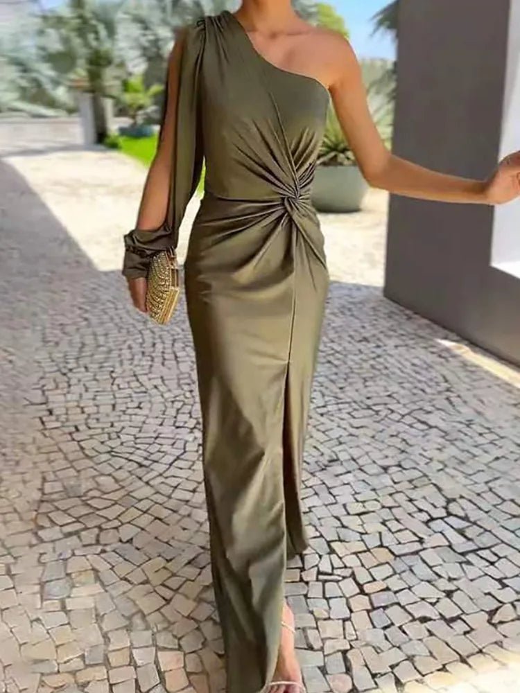 Draped Patchwork Long Sleeve Party Dress, Women Summer Skew Collar Fashion Maxi Dress, Sexy One Shoulder Ladies Dress Vestidos - SN Wigs & More