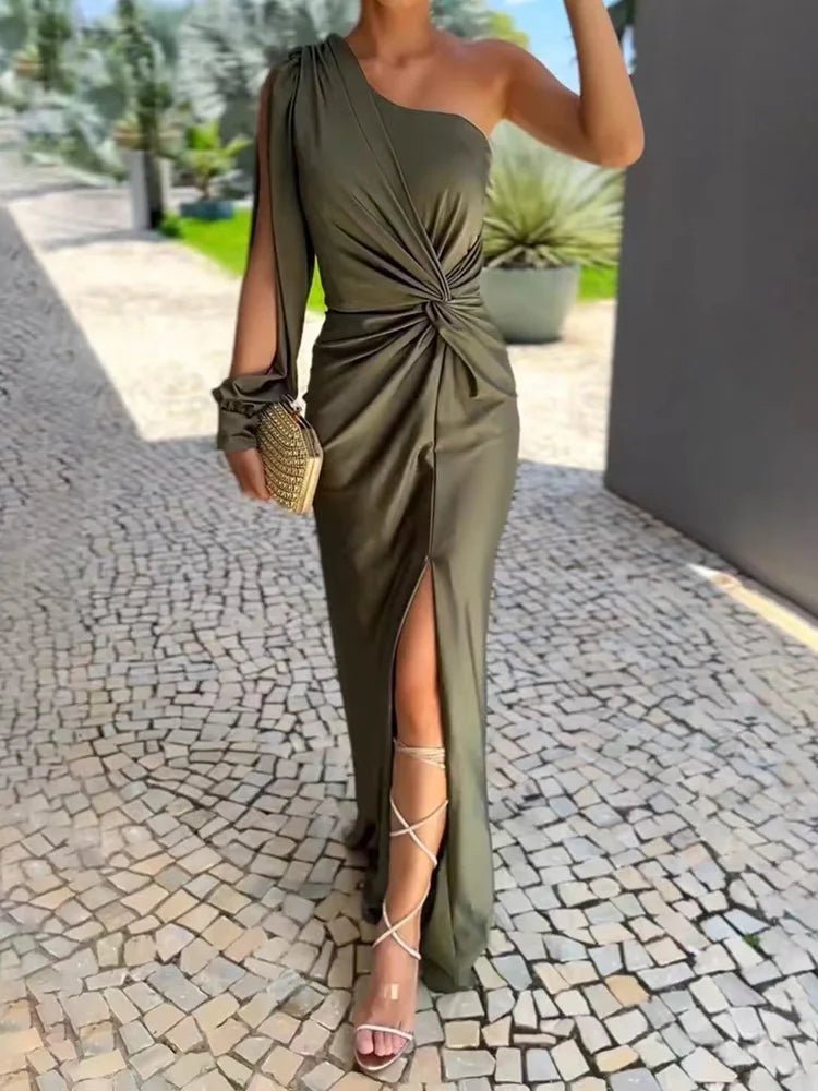Draped Patchwork Long Sleeve Party Dress, Women Summer Skew Collar Fashion Maxi Dress, Sexy One Shoulder Ladies Dress Vestidos - SN Wigs & More