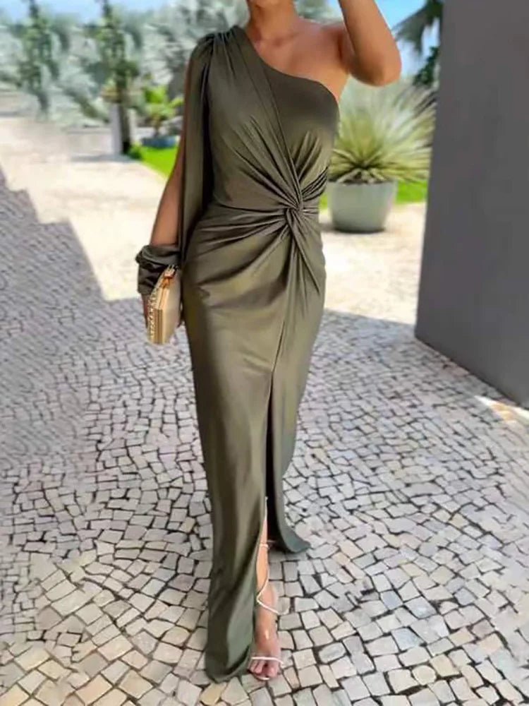 Draped Patchwork Long Sleeve Party Dress, Women Summer Skew Collar Fashion Maxi Dress, Sexy One Shoulder Ladies Dress Vestidos - SN Wigs & More