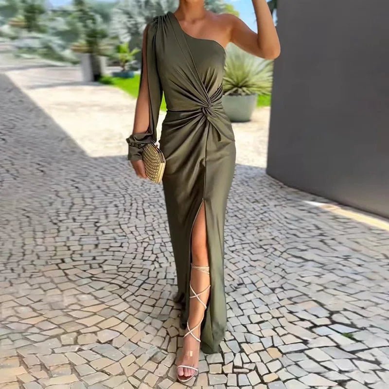 Draped Patchwork Long Sleeve Party Dress, Women Summer Skew Collar Fashion Maxi Dress, Sexy One Shoulder Ladies Dress Vestidos - SN Wigs & More