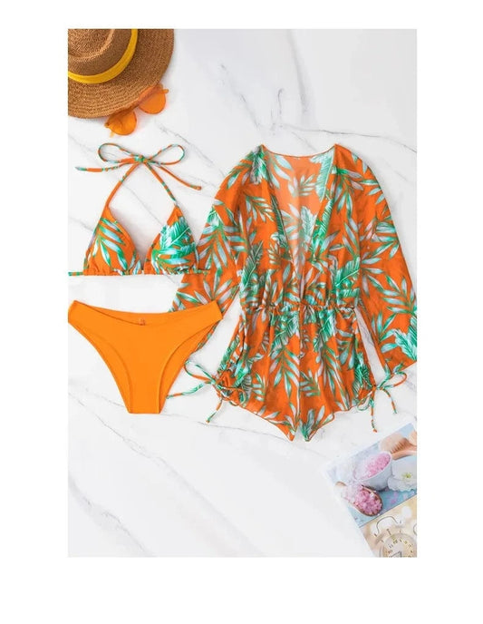 Drawstring Side Swimwear Women 2024 Bathing Suit Female Swimming Summer Beachwear 3 Piece Bikini Tropical Print Swimsuit