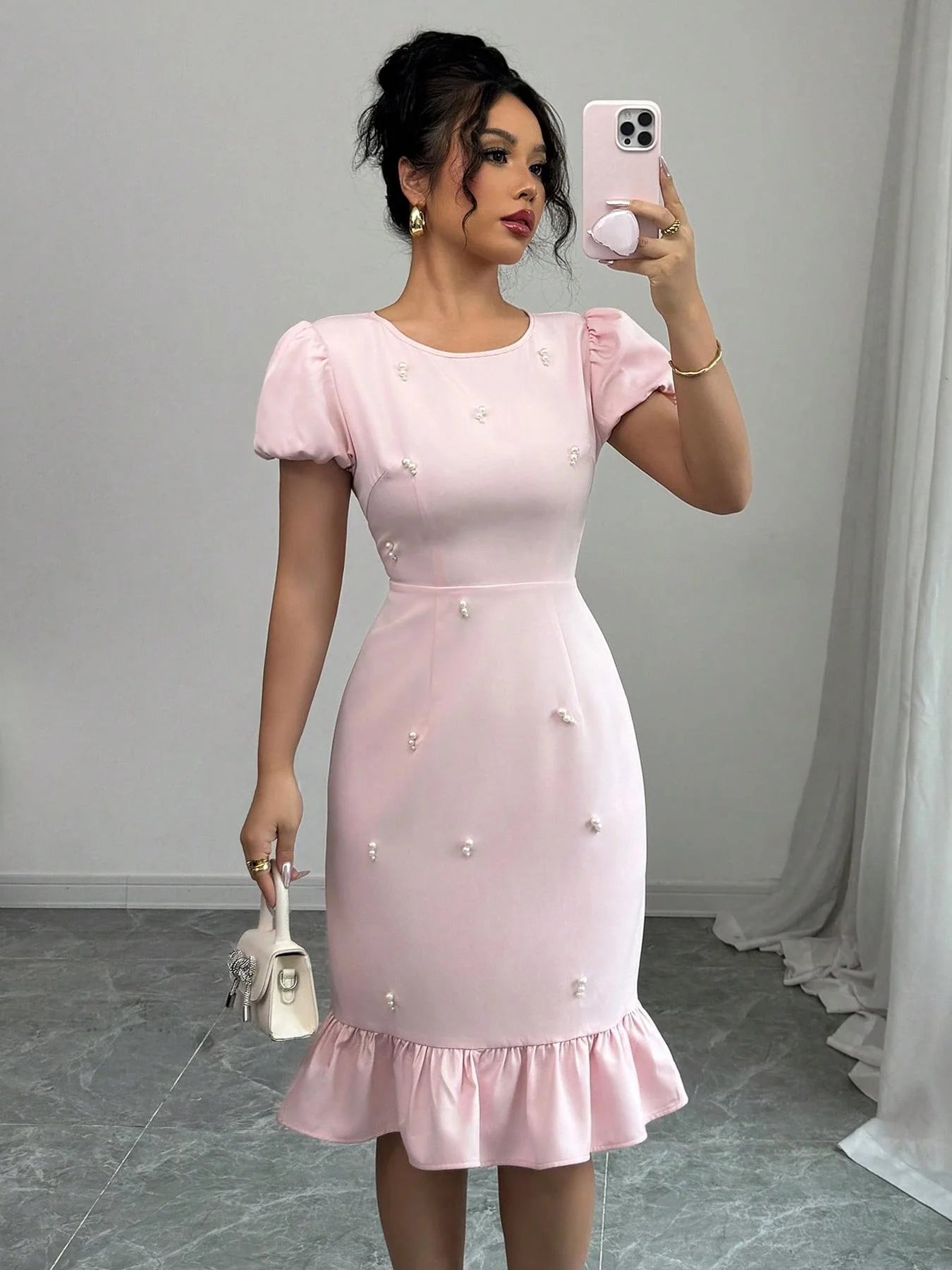 Dress Creamy Smoothie Print Round Neck Elegant Casual Style - SN Wigs & More