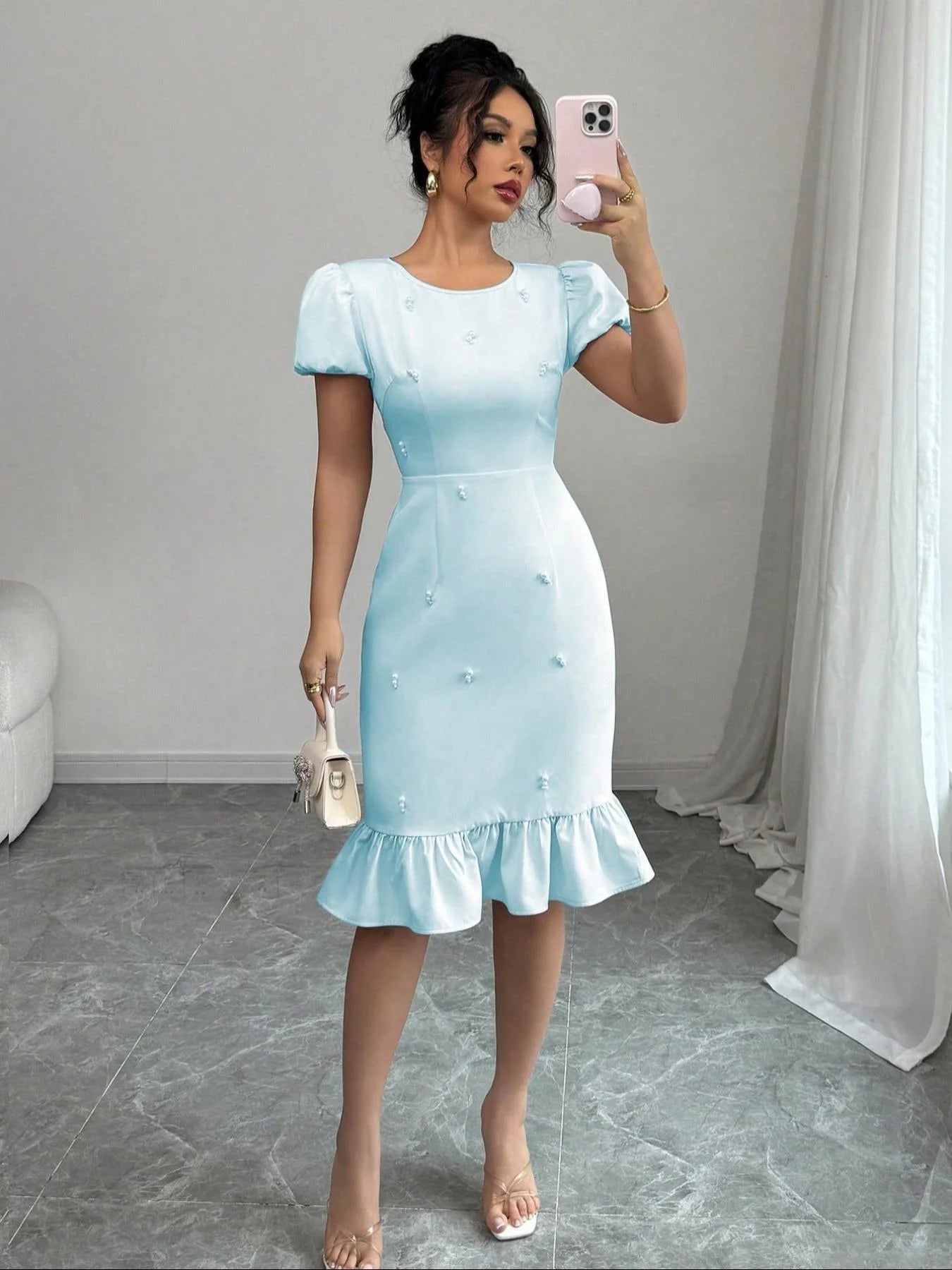 Dress Creamy Smoothie Print Round Neck Elegant Casual Style - SN Wigs & More