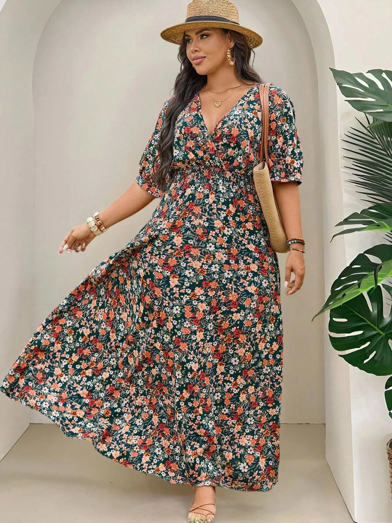 Dress Ditsy Floral Pattern Plus Size Fitted Casual - SN Wigs & More