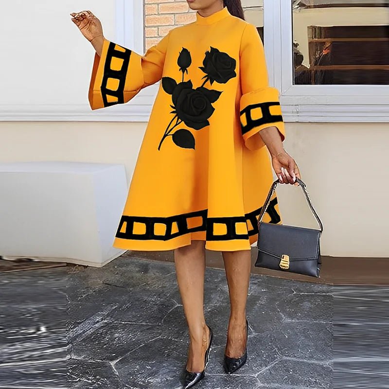 Dress Flower Print Casual A - Line Midi With Flared Sleeves - SN Wigs & More