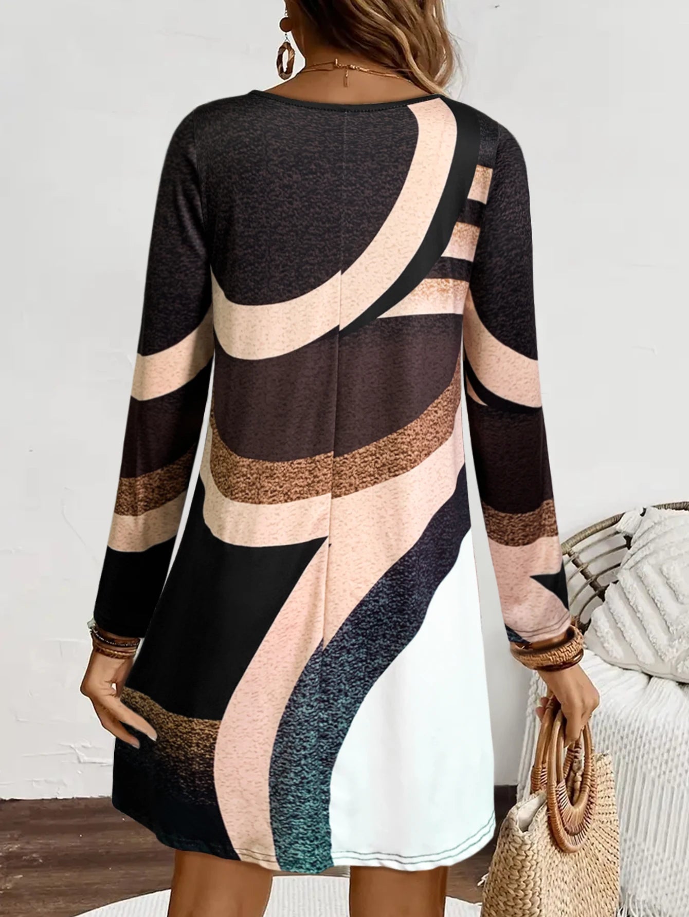 Dress Geometric Color Block Long Sleeve Knee Length Polyester Spandex Casual Fall Daily Wear - SN Wigs & More