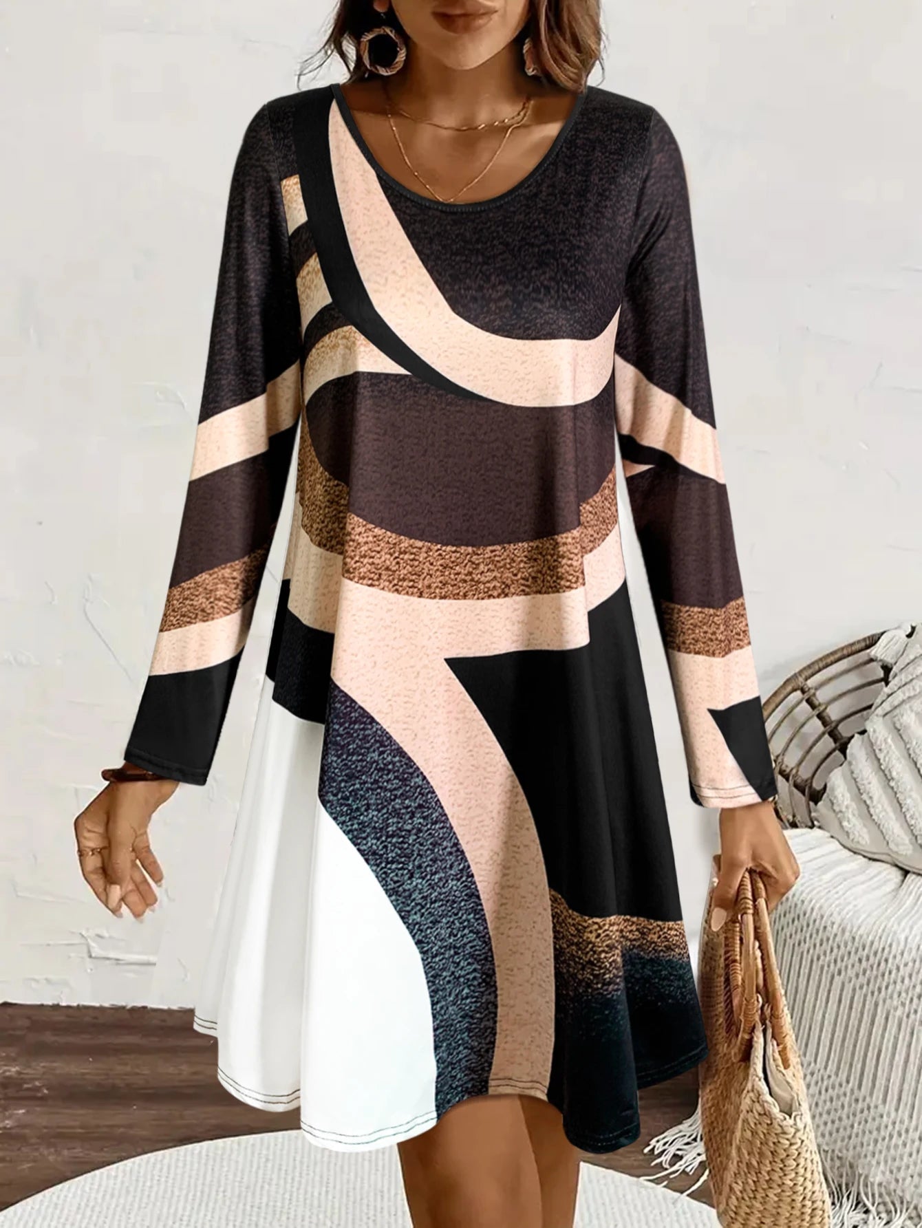 Dress Geometric Color Block Long Sleeve Knee Length Polyester Spandex Casual Fall Daily Wear - SN Wigs & More