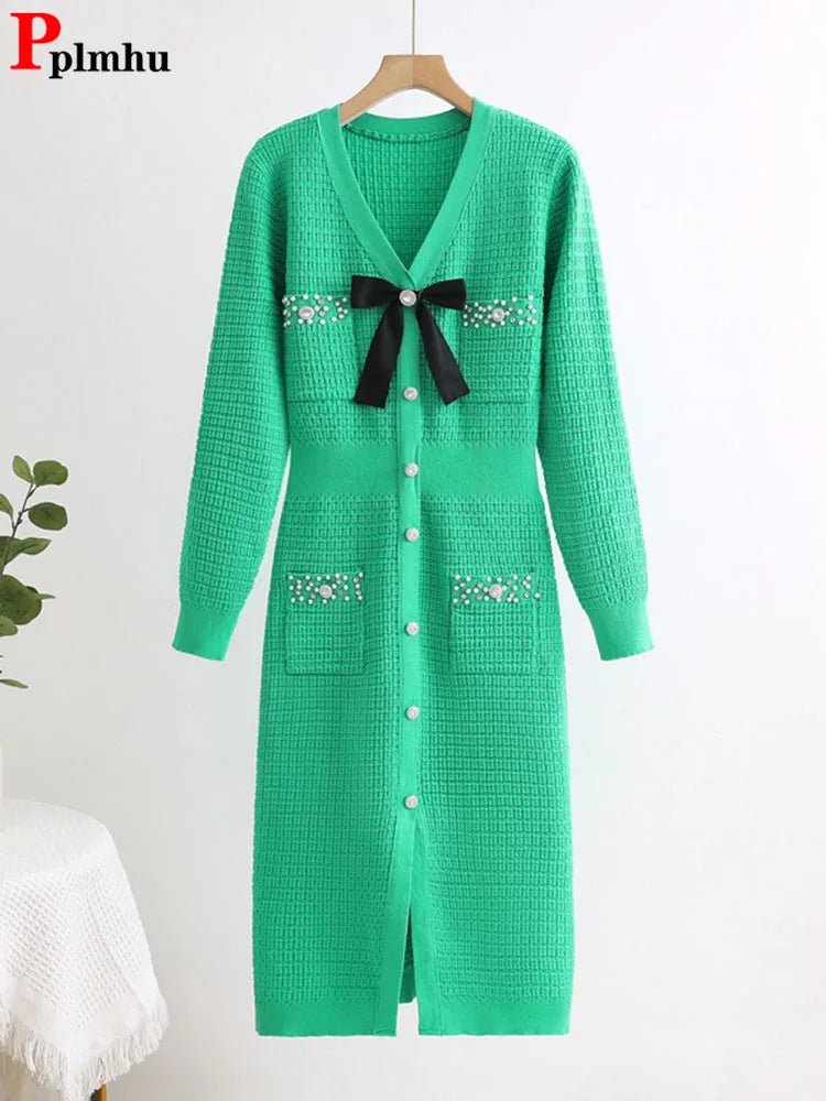 Dress Knitted Bow V Neck Slim A Line Winter Long Sleeve Knitwear For Elegant Everyday Wear - SN Wigs & More