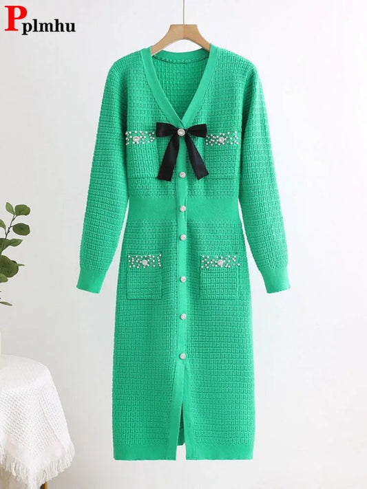 Dress Knitted Bow V Neck Slim A Line Winter Long Sleeve Knitwear For Elegant Everyday Wear - SN Wigs & More