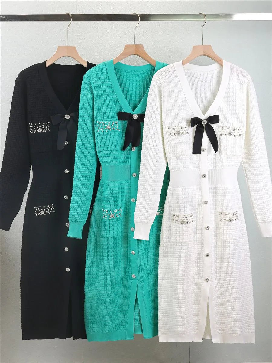 Dress Knitted Bow V Neck Slim A Line Winter Long Sleeve Knitwear For Elegant Everyday Wear - SN Wigs & More