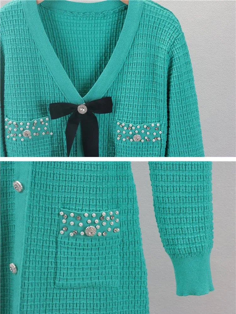 Dress Knitted Bow V Neck Slim A Line Winter Long Sleeve Knitwear For Elegant Everyday Wear - SN Wigs & More