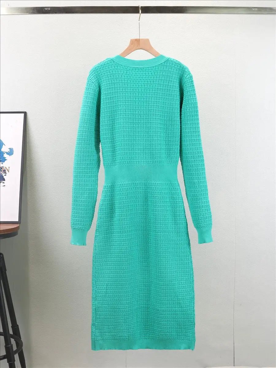 Dress Knitted Bow V Neck Slim A Line Winter Long Sleeve Knitwear For Elegant Everyday Wear - SN Wigs & More