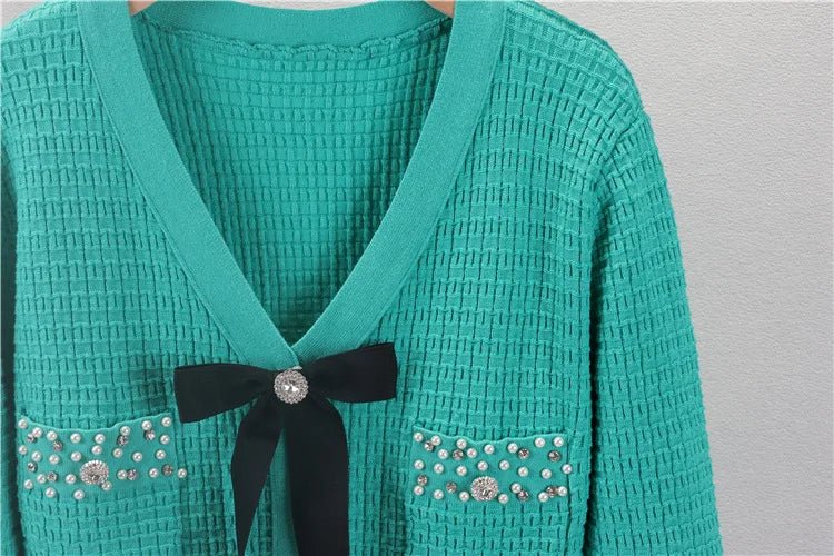 Dress Knitted Bow V Neck Slim A Line Winter Long Sleeve Knitwear For Elegant Everyday Wear - SN Wigs & More