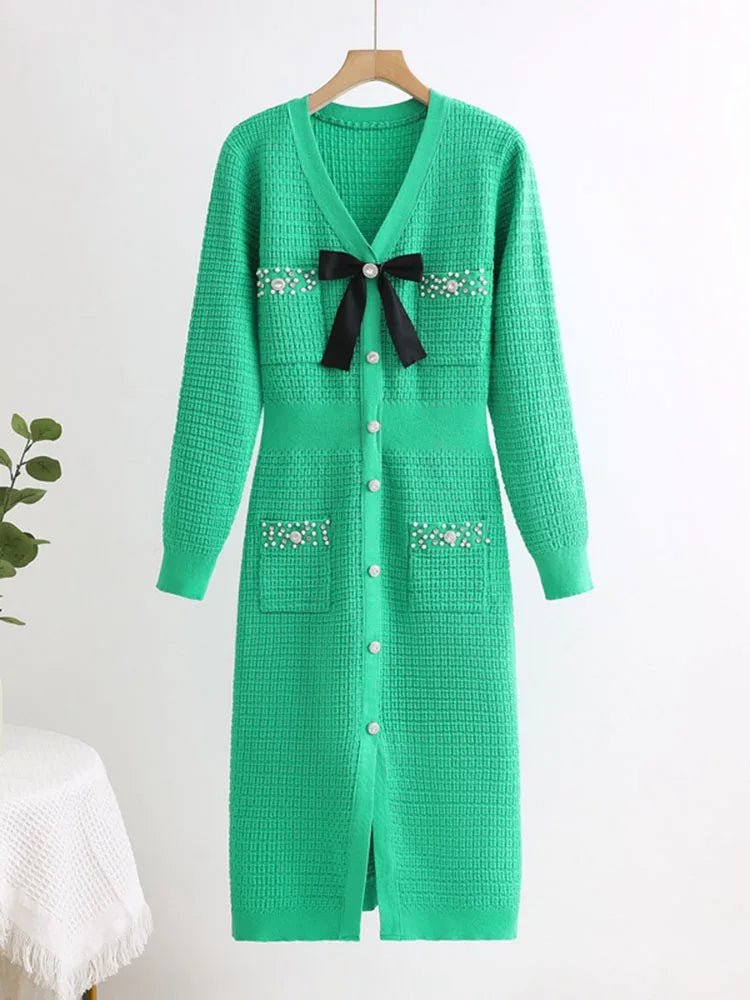 Dress Knitted Bow V Neck Slim A Line Winter Long Sleeve Knitwear For Elegant Everyday Wear - SN Wigs & More