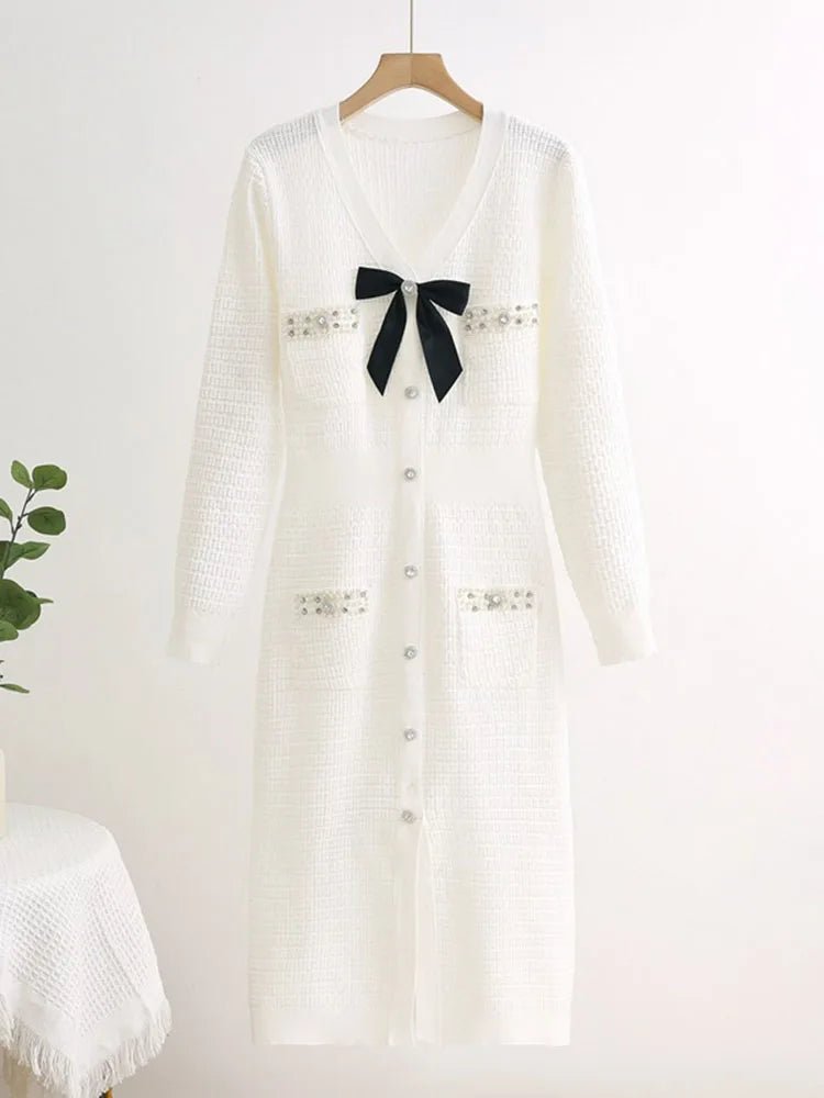Dress Knitted Bow V Neck Slim A Line Winter Long Sleeve Knitwear For Elegant Everyday Wear - SN Wigs & More