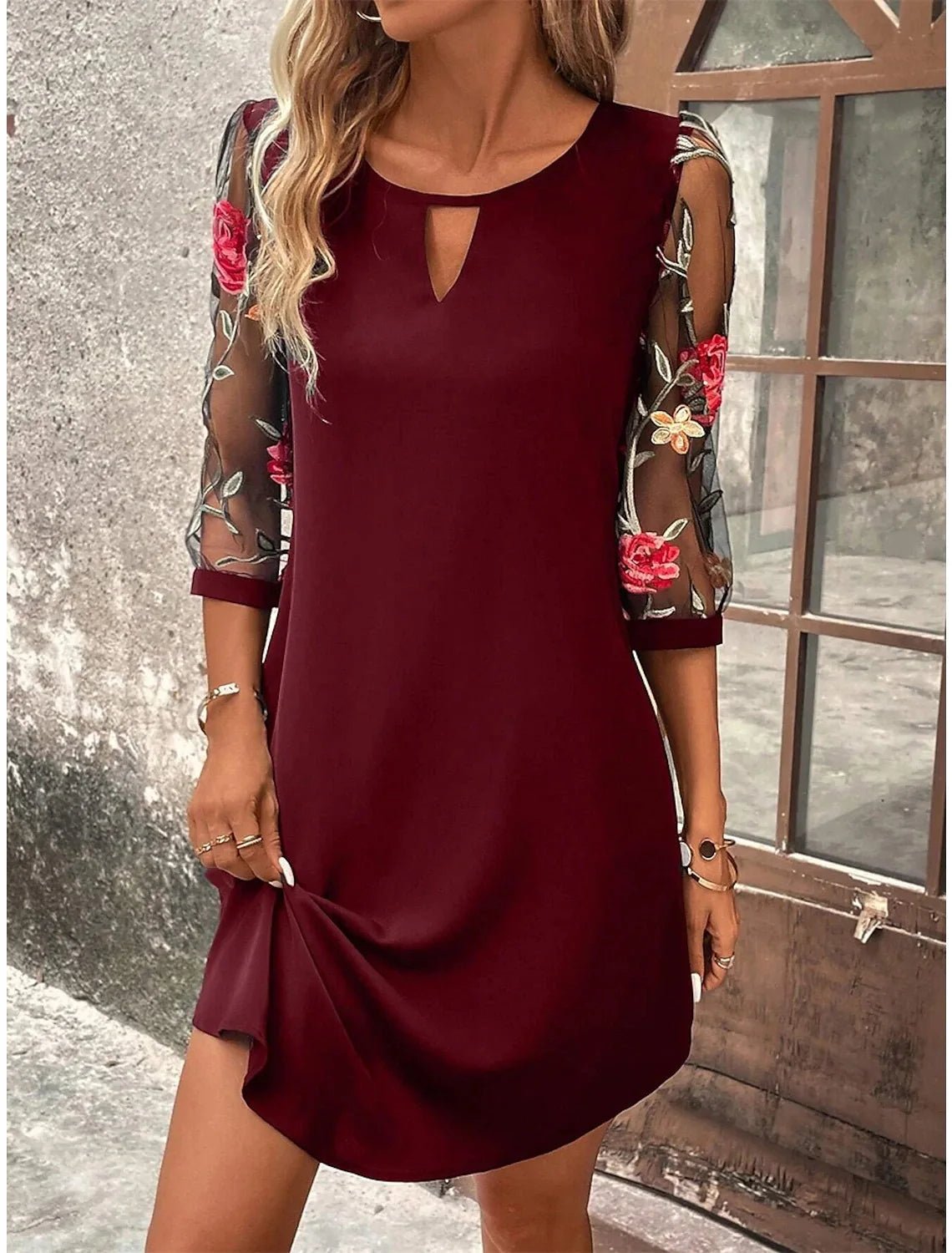 Dress Mid Sleeve Printed Pattern V Neck Lightweight Polyester Midi Length Summer Party Dress Regular Fit - SN Wigs & More