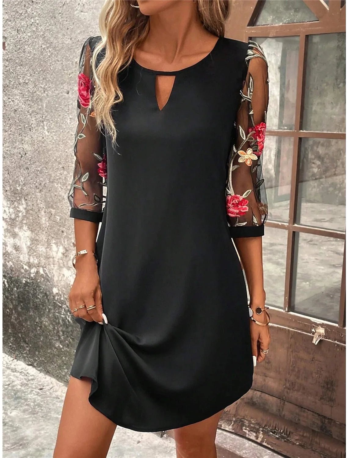 Dress Mid Sleeve Printed Pattern V Neck Lightweight Polyester Midi Length Summer Party Dress Regular Fit - SN Wigs & More