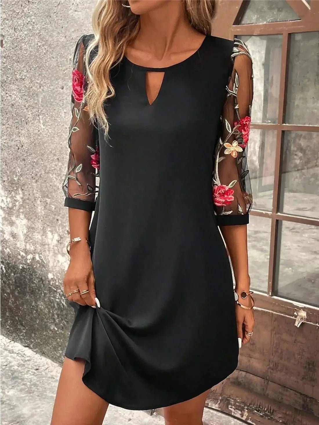 Dress Mid Sleeve Printed Pattern V Neck Lightweight Polyester Midi Length Summer Party Dress Regular Fit - SN Wigs & More