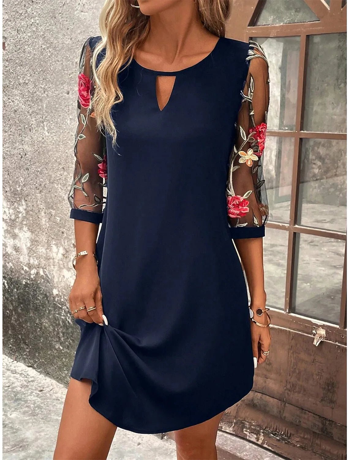 Dress Mid Sleeve Printed Pattern V Neck Lightweight Polyester Midi Length Summer Party Dress Regular Fit - SN Wigs & More