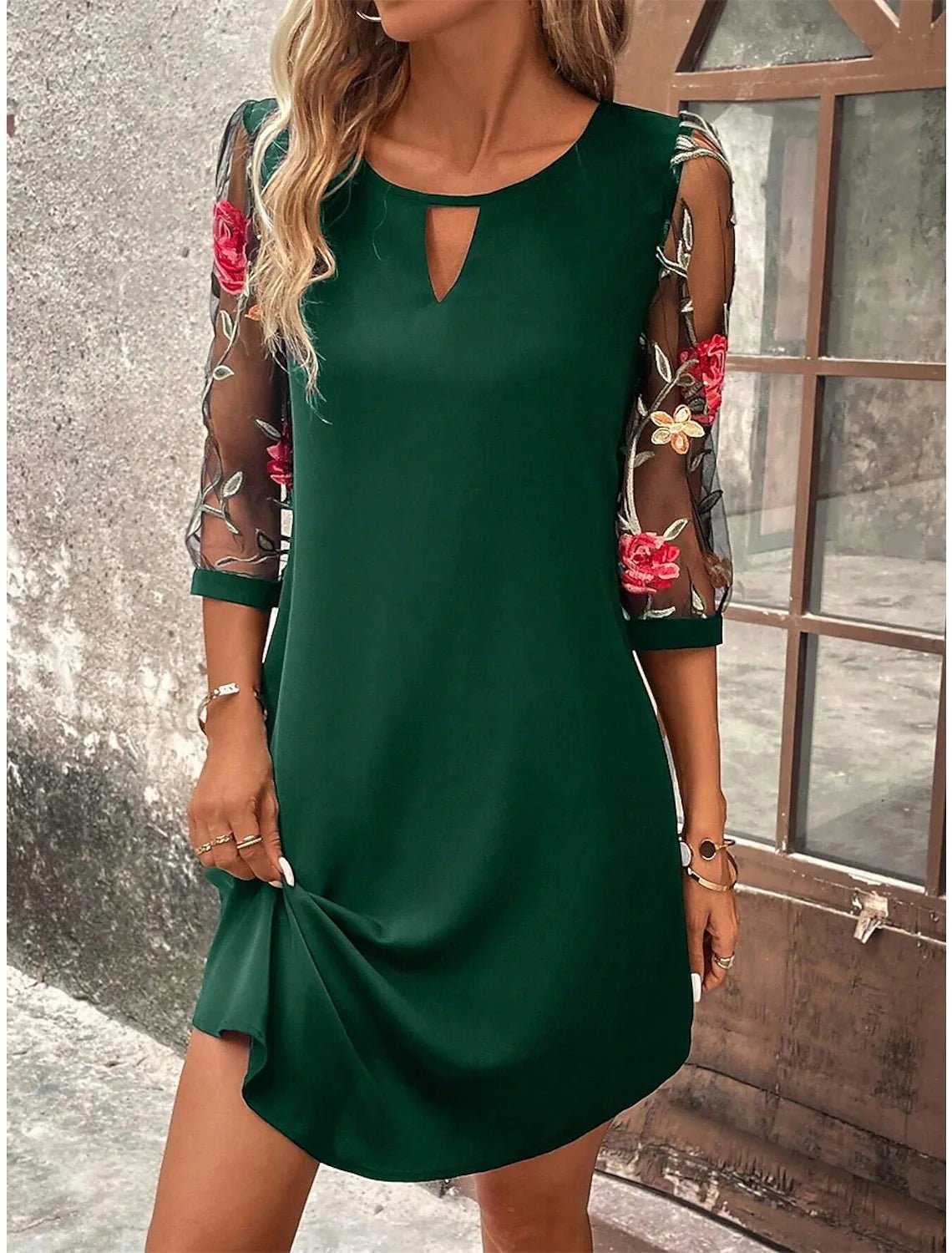 Dress Mid Sleeve Printed Pattern V Neck Lightweight Polyester Midi Length Summer Party Dress Regular Fit - SN Wigs & More