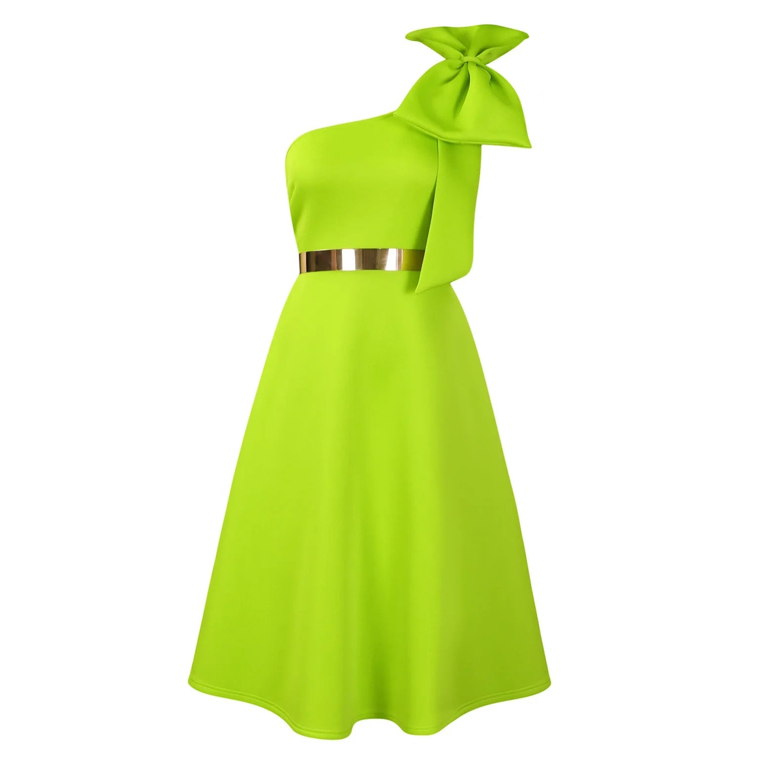 Dress One Shoulder A Line Pleated Knee Length Sleeveless Bow Belt Elegant Party Style - SN Wigs & More