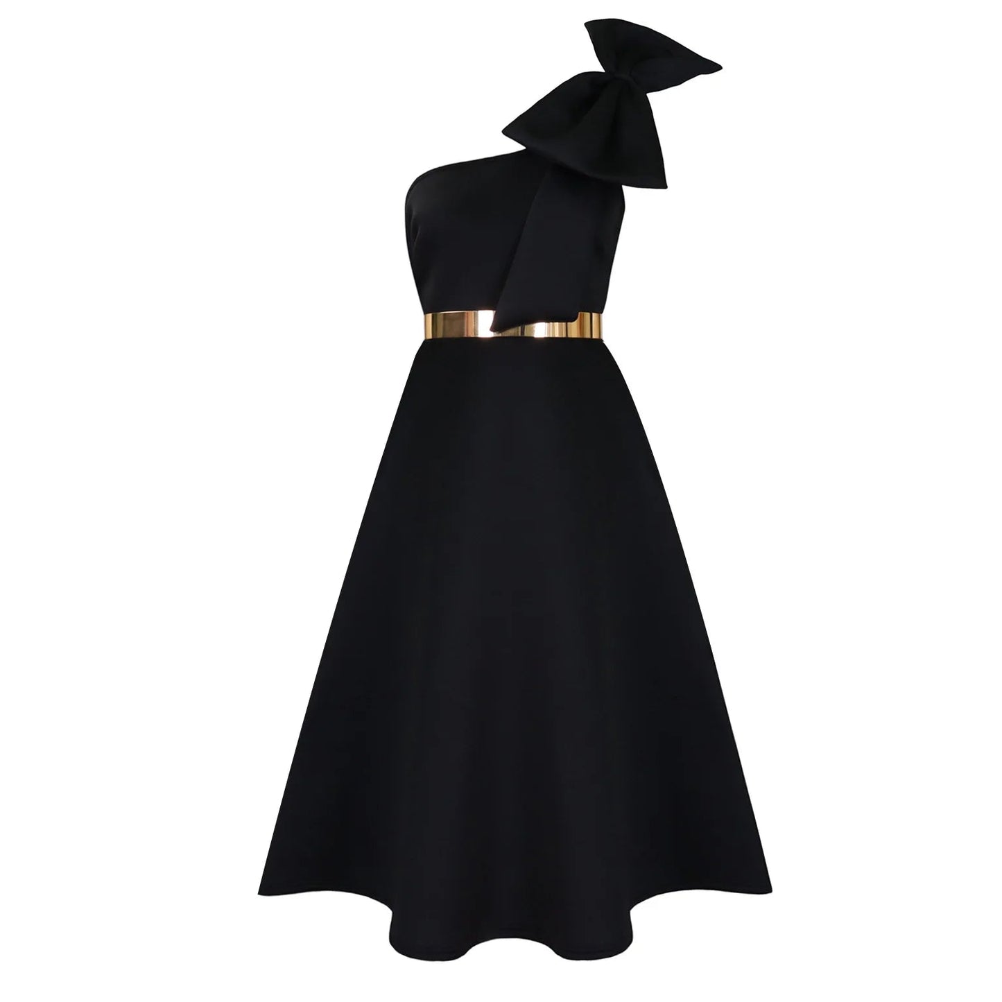 Dress One Shoulder A Line Pleated Knee Length Sleeveless Bow Belt Elegant Party Style - SN Wigs & More