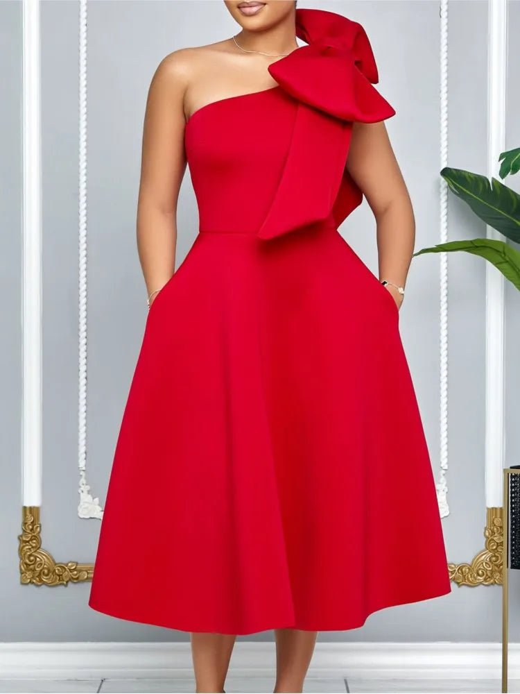 Dress One Shoulder A Line Pleated Knee Length Sleeveless Bow Belt Elegant Party Style - SN Wigs & More