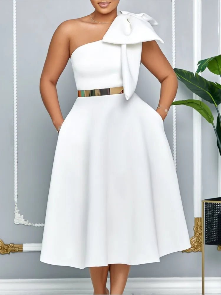 Dress One Shoulder A Line Pleated Knee Length Sleeveless Bow Belt Elegant Party Style - SN Wigs & More