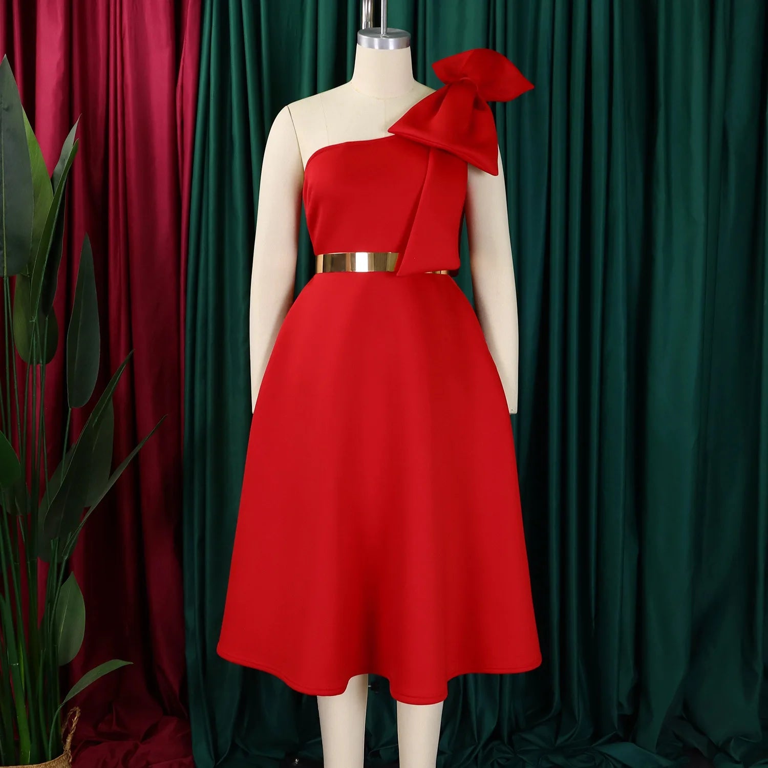 Dress One Shoulder A Line Pleated Knee Length Sleeveless Bow Belt Elegant Party Style - SN Wigs & More