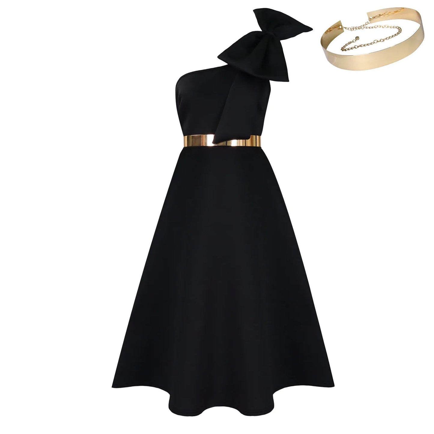 Dress One Shoulder A Line Pleated Knee Length Sleeveless Bow Belt Elegant Party Style - SN Wigs & More