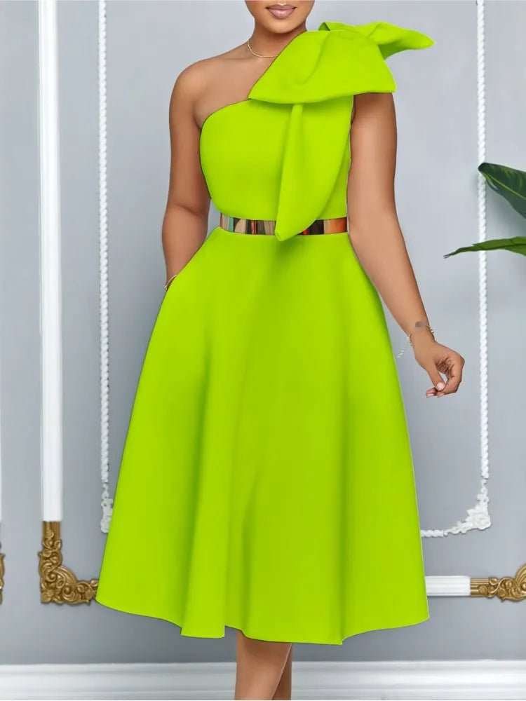 Dress One Shoulder A Line Pleated Knee Length Sleeveless Bow Belt Elegant Party Style - SN Wigs & More