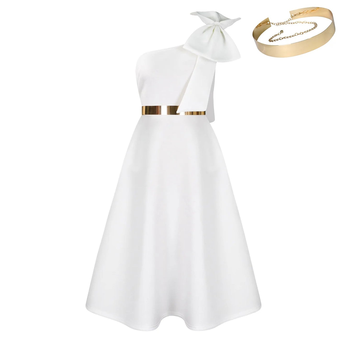 Dress One Shoulder A Line Pleated Knee Length Sleeveless Bow Belt Elegant Party Style - SN Wigs & More