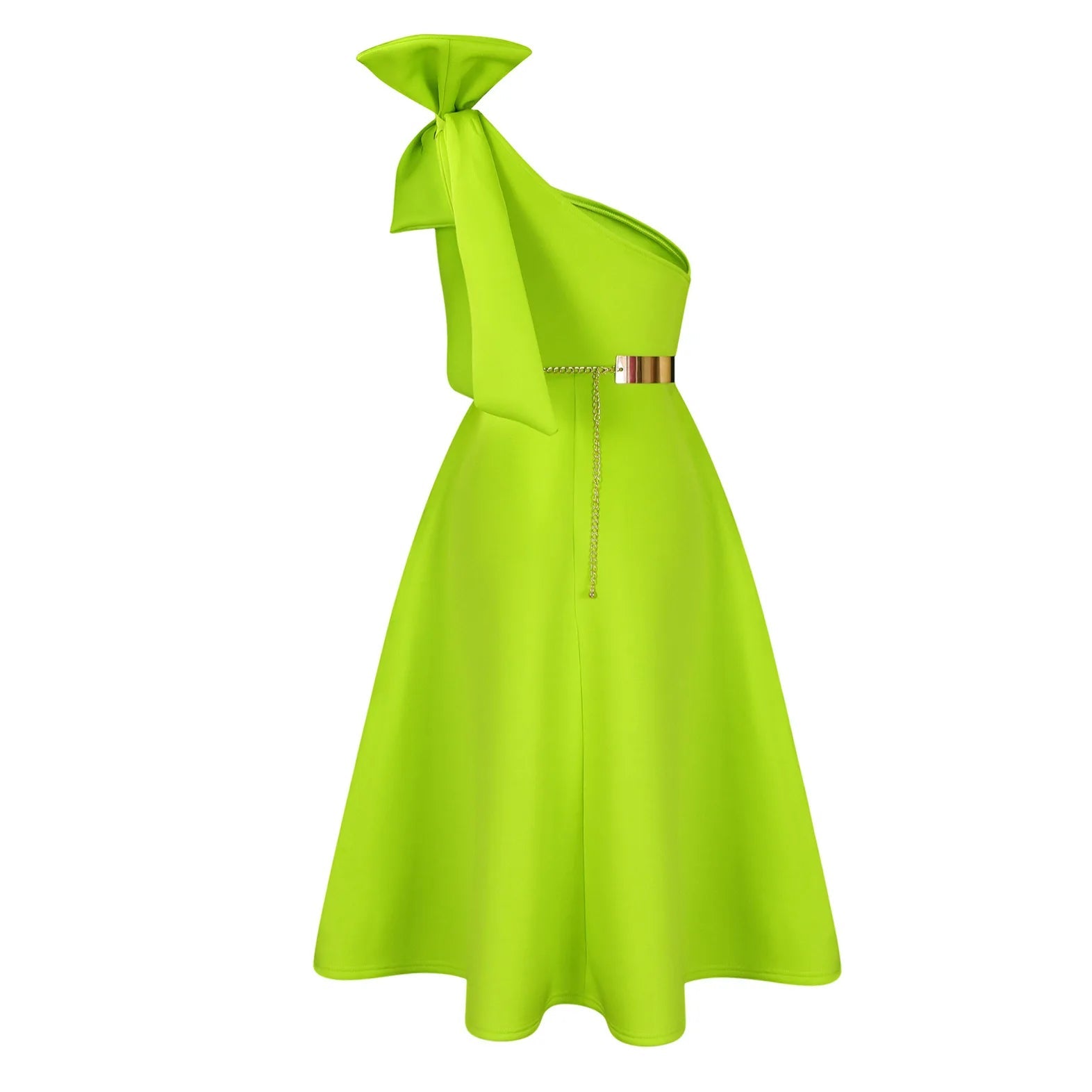 Dress One Shoulder A Line Pleated Knee Length Sleeveless Bow Belt Elegant Party Style - SN Wigs & More