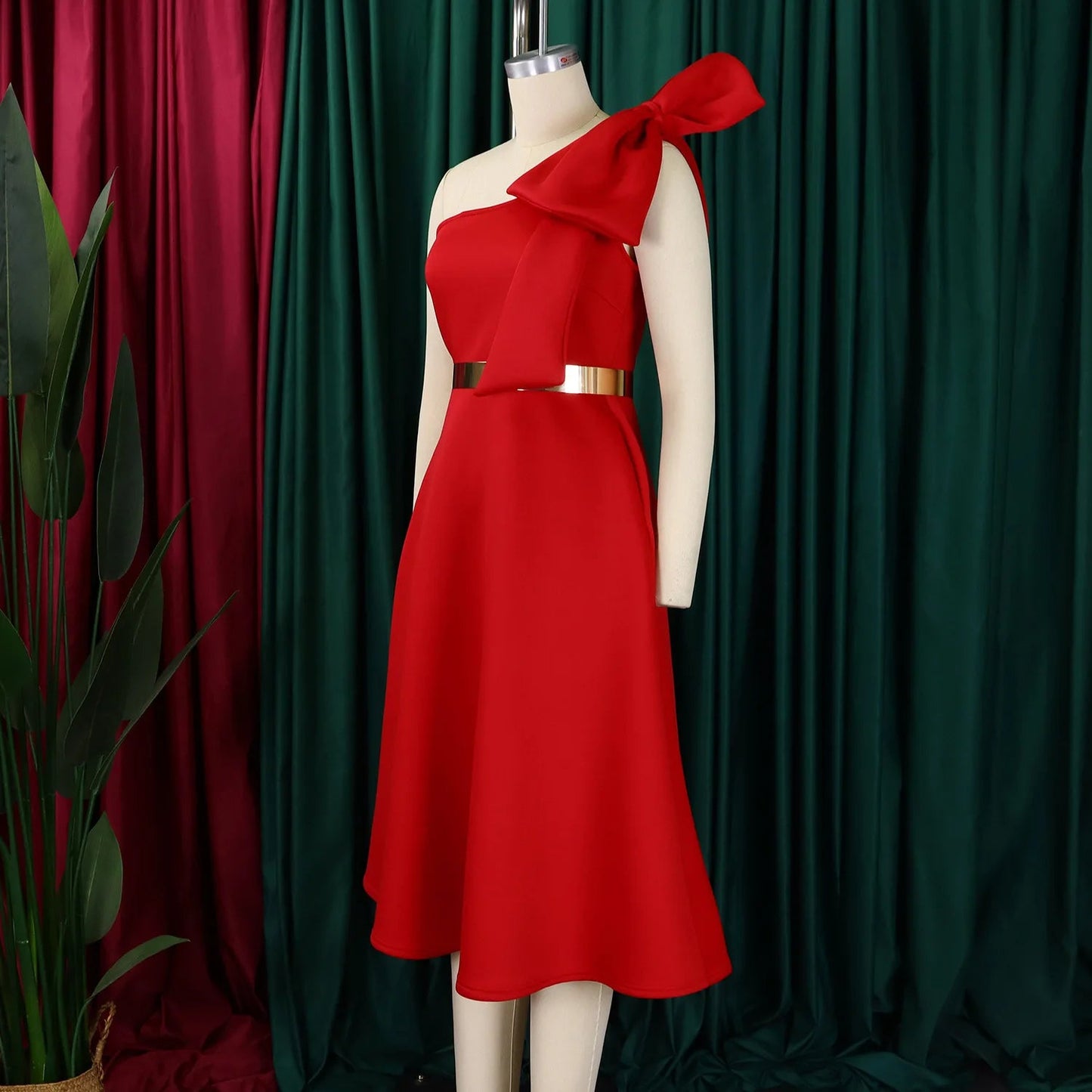 Dress One Shoulder A Line Pleated Knee Length Sleeveless Bow Belt Elegant Party Style - SN Wigs & More