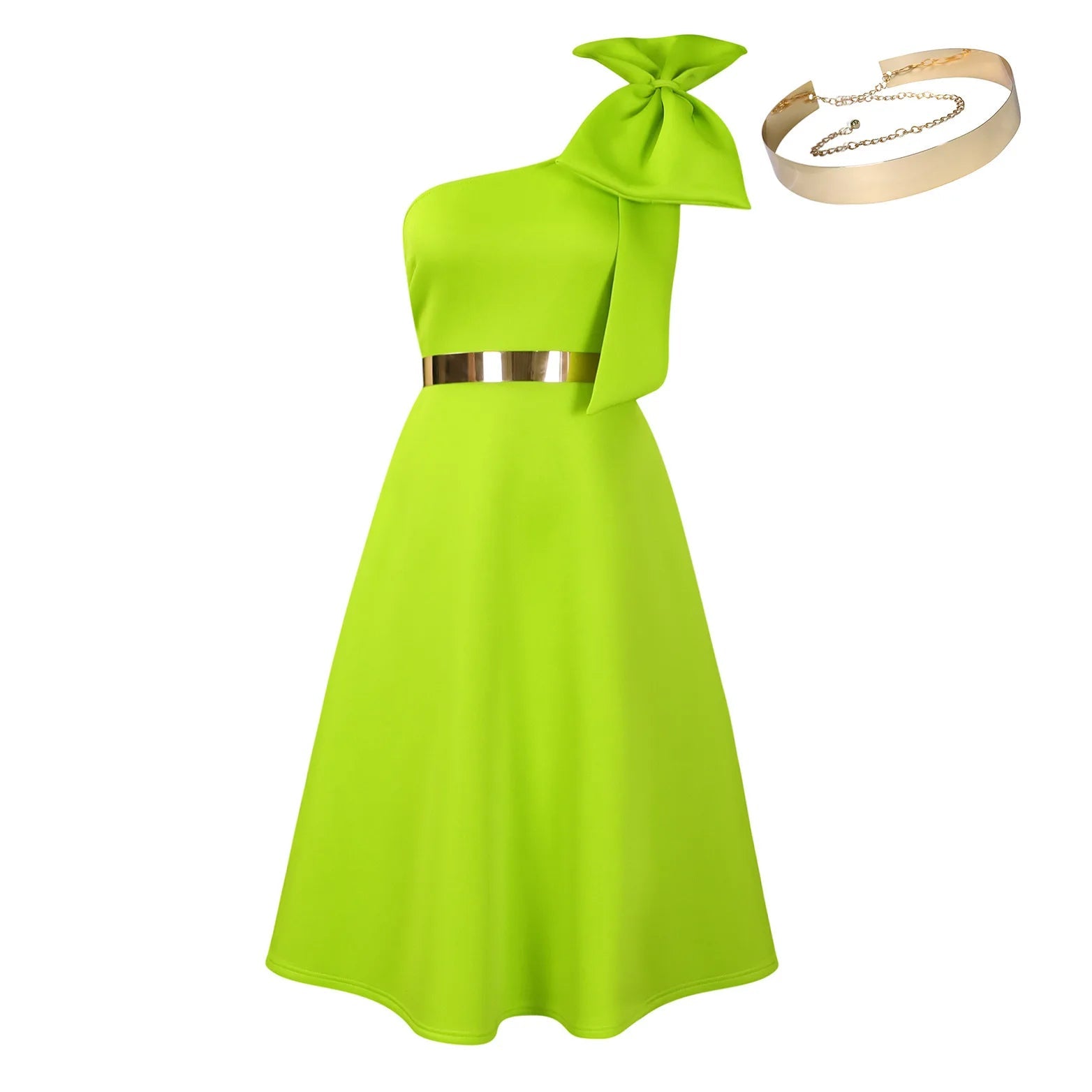 Dress One Shoulder A Line Pleated Knee Length Sleeveless Bow Belt Elegant Party Style - SN Wigs & More