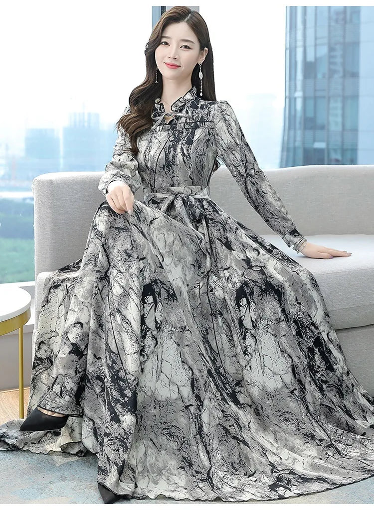 Dress Print Chiffon Long Sleeve O Neck Midi Length Lightweight Polyester Blend Casual Elegant - SN Wigs & More