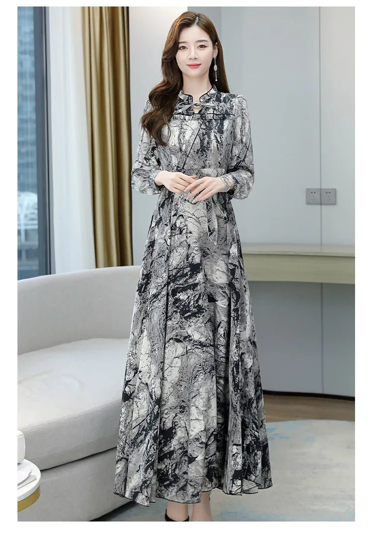 Dress Print Chiffon Long Sleeve O Neck Midi Length Lightweight Polyester Blend Casual Elegant - SN Wigs & More
