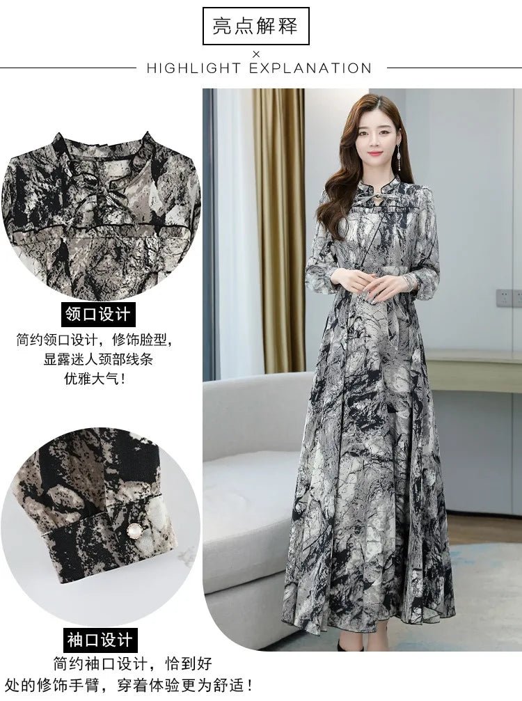 Dress Print Chiffon Long Sleeve O Neck Midi Length Lightweight Polyester Blend Casual Elegant - SN Wigs & More