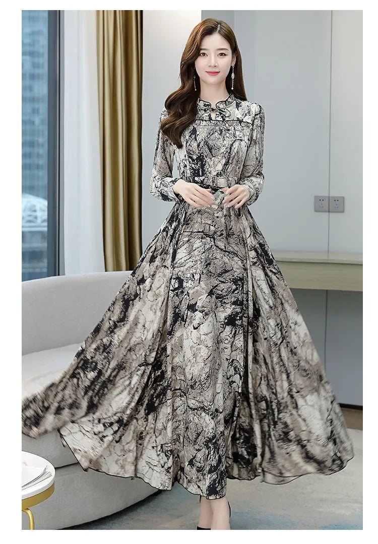 Dress Print Chiffon Long Sleeve O Neck Midi Length Lightweight Polyester Blend Casual Elegant - SN Wigs & More