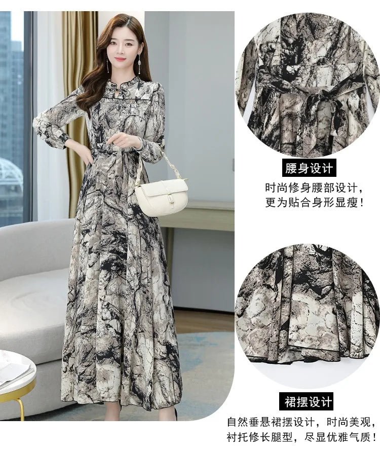 Dress Print Chiffon Long Sleeve O Neck Midi Length Lightweight Polyester Blend Casual Elegant - SN Wigs & More