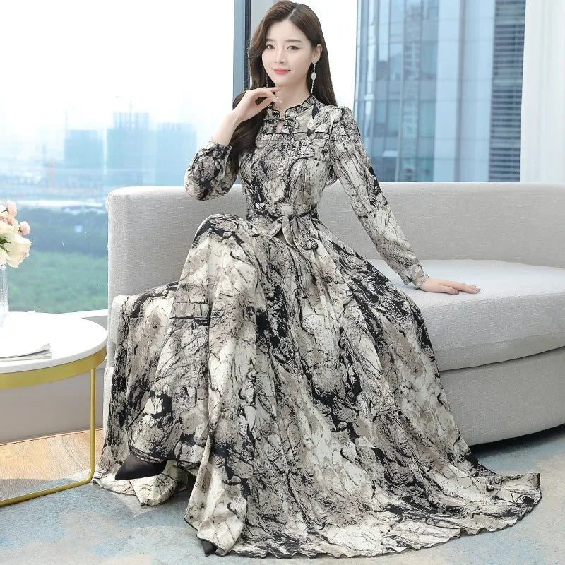 Dress Print Chiffon Long Sleeve O Neck Midi Length Lightweight Polyester Blend Casual Elegant - SN Wigs & More