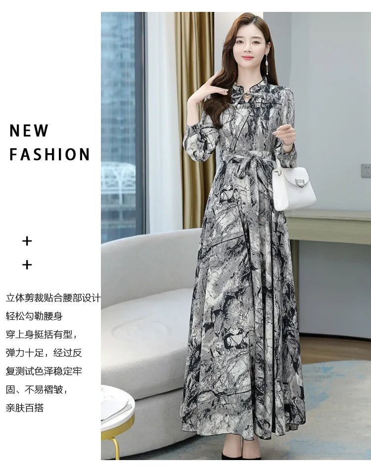 Dress Print Chiffon Long Sleeve O Neck Midi Length Lightweight Polyester Blend Casual Elegant - SN Wigs & More